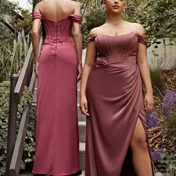 ROSEWOOD COLOR  PROM PARTY EVENING OFF SHOULDER CORSET SOFT SATIN DRESS cd7484 - Picture 1 of 8